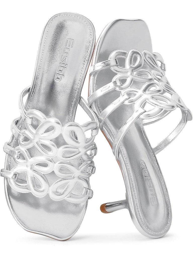 Women's Silver Rubber Strap Open Toe Kitten Heel Slip On Comfortable Sandals